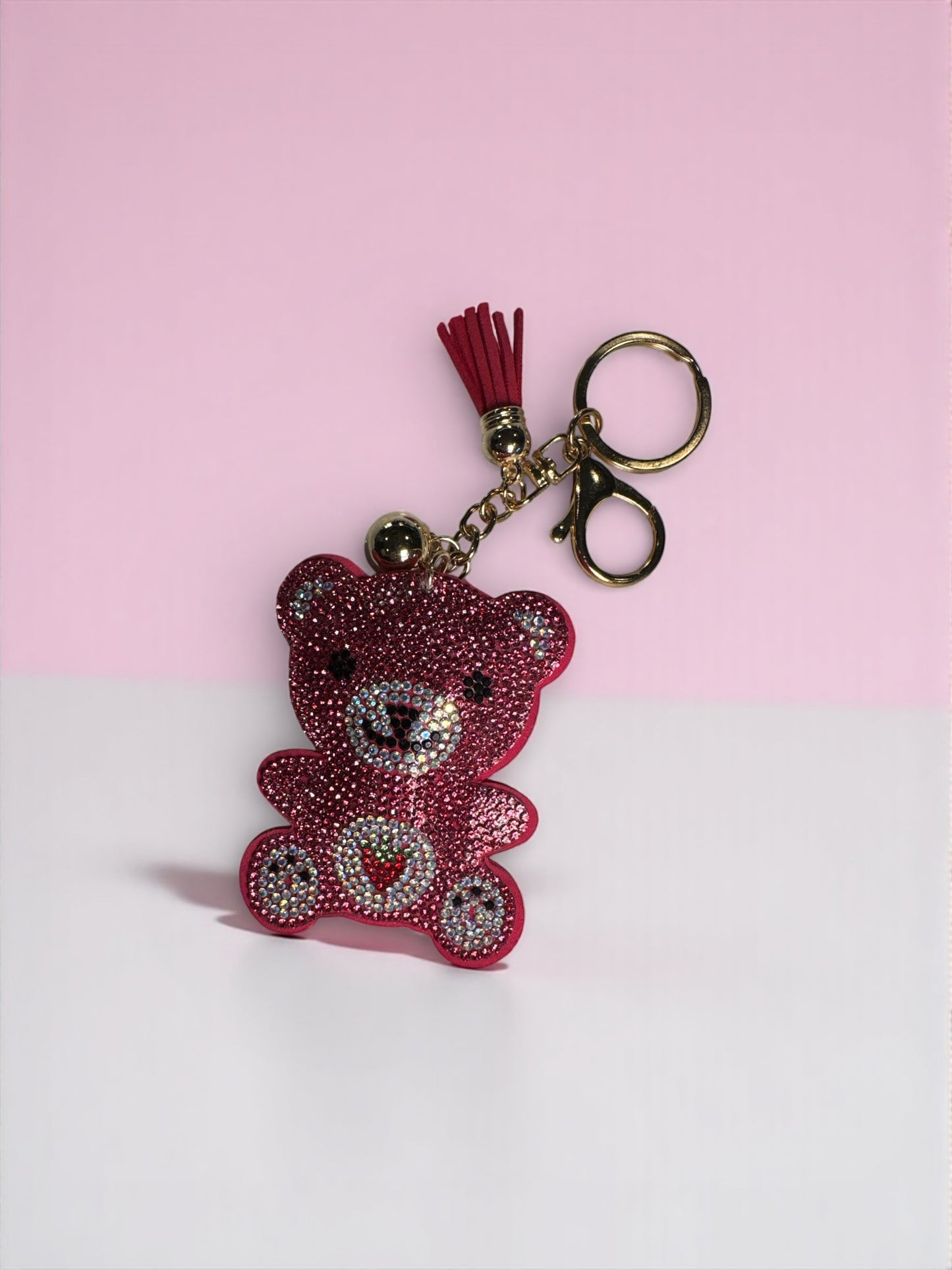 Pink Rhinestone Strawberry Bear Keychain – 3”- Gold Hardware