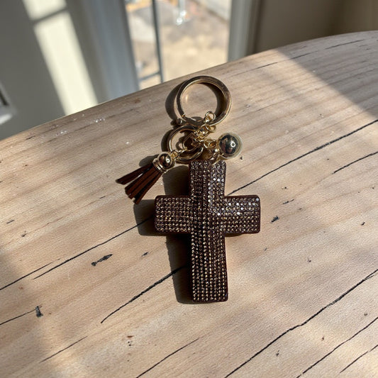 Bronze Rhinestone Cross Keychain – 6.5” – Gold Hardware