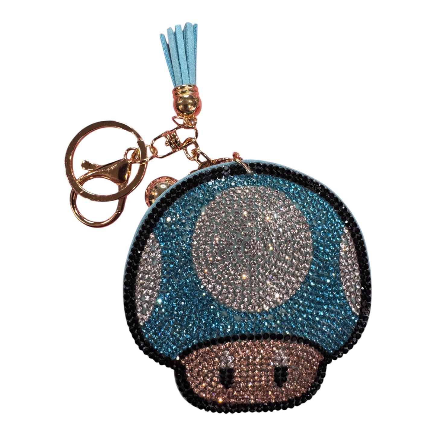 Green or Teal Rhinestone Power-Up Mushroom Keychain – 6.5” – Gold Hardware