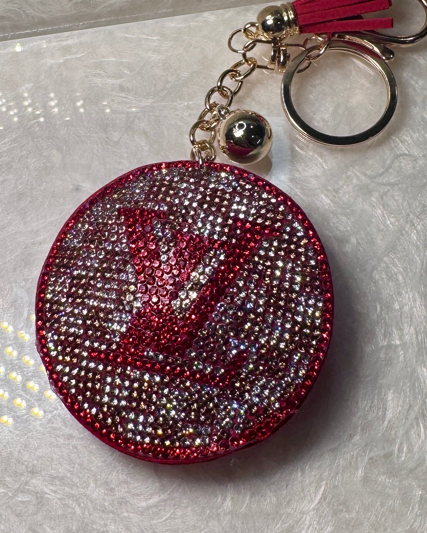 Luxury Designer-Inspired Rhinestone Monogram Keychain – Brown/ Red – 6” – Gold Hardware