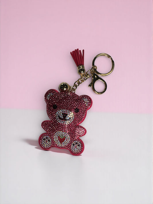 Pink Rhinestone Strawberry Bear Keychain – 3”- Gold Hardware