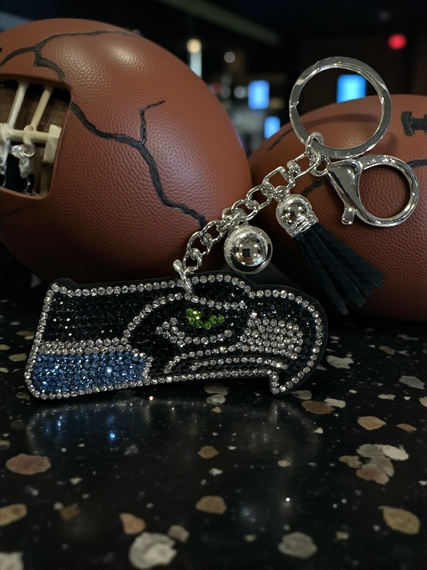 Seattle Seahawks-Inspired Rhinestone Keychain – 5” – Silver Hardware