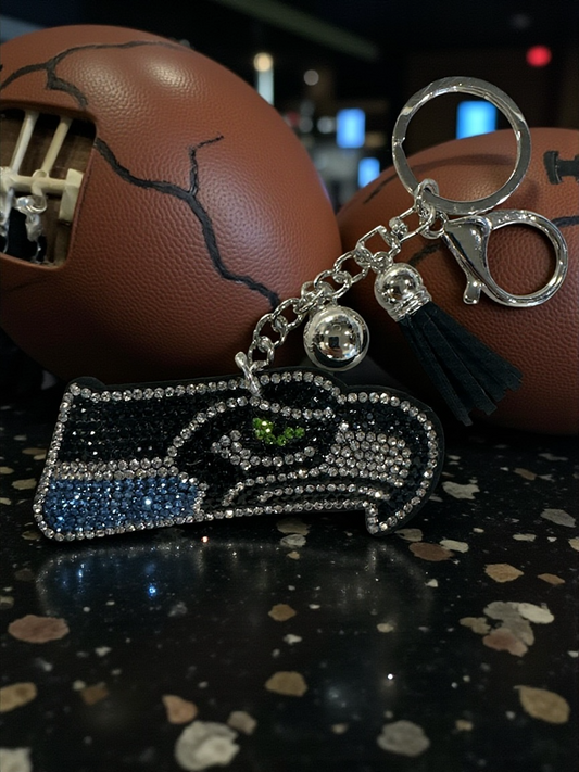 Seattle Seahawks-Inspired Rhinestone Keychain – 5” – Silver Hardware