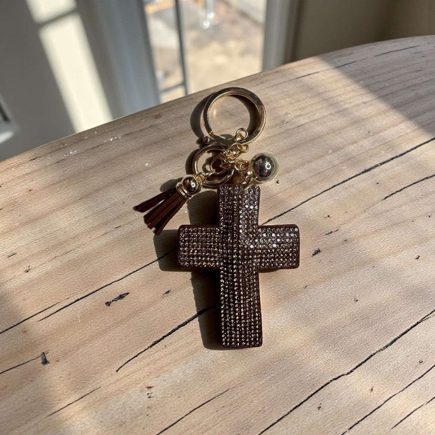 Bronze Rhinestone Cross Keychain – 6.5” – Gold Hardware