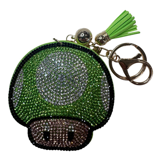 Green or Teal Rhinestone Power-Up Mushroom Keychain – 6.5” – Gold Hardware