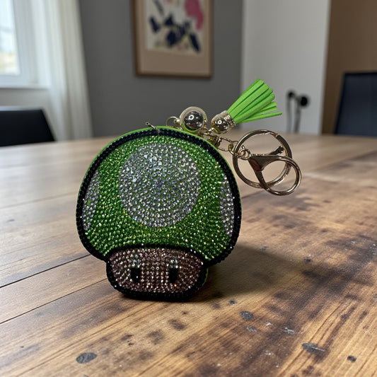 Green or Teal Rhinestone Power-Up Mushroom Keychain – 6.5” – Gold Hardware