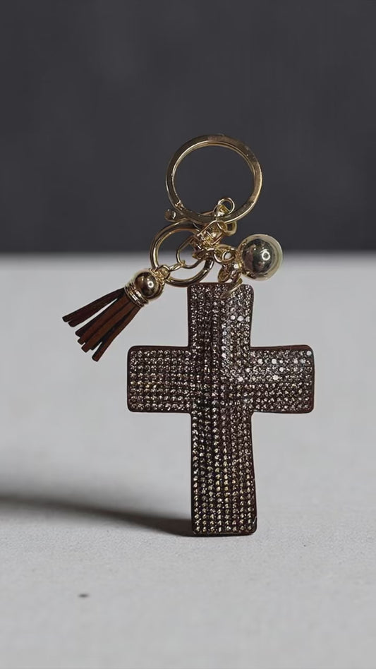 Bronze Rhinestone Cross Keychain – 6.5” – Gold Hardware